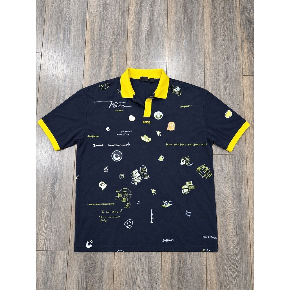 Hugo Boss Piraxart Men's L Navy Yellow All Over Graphic Relaxed Fit Polo Shirt